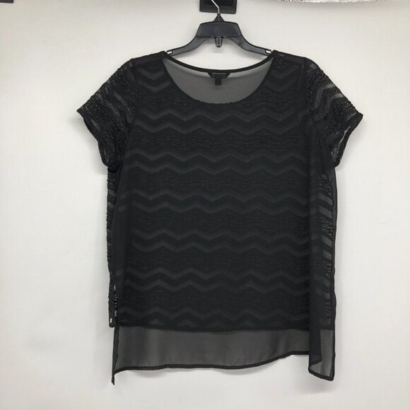 Guess Black Lace Chevron Sheer Short Sleeve Top size S - Picture 3 of 16